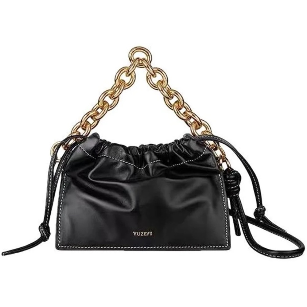 Yuzefi Black Leather Drawstring Shoulder Bag with Gold Hardware